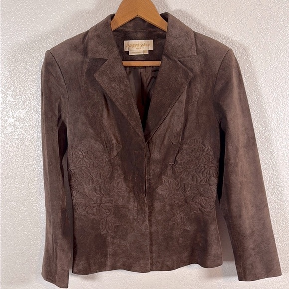 Margaret Godfrey Chocolate Brown Floral Embossed Leather Jacket Size Med Petite - Picture 1 of 7